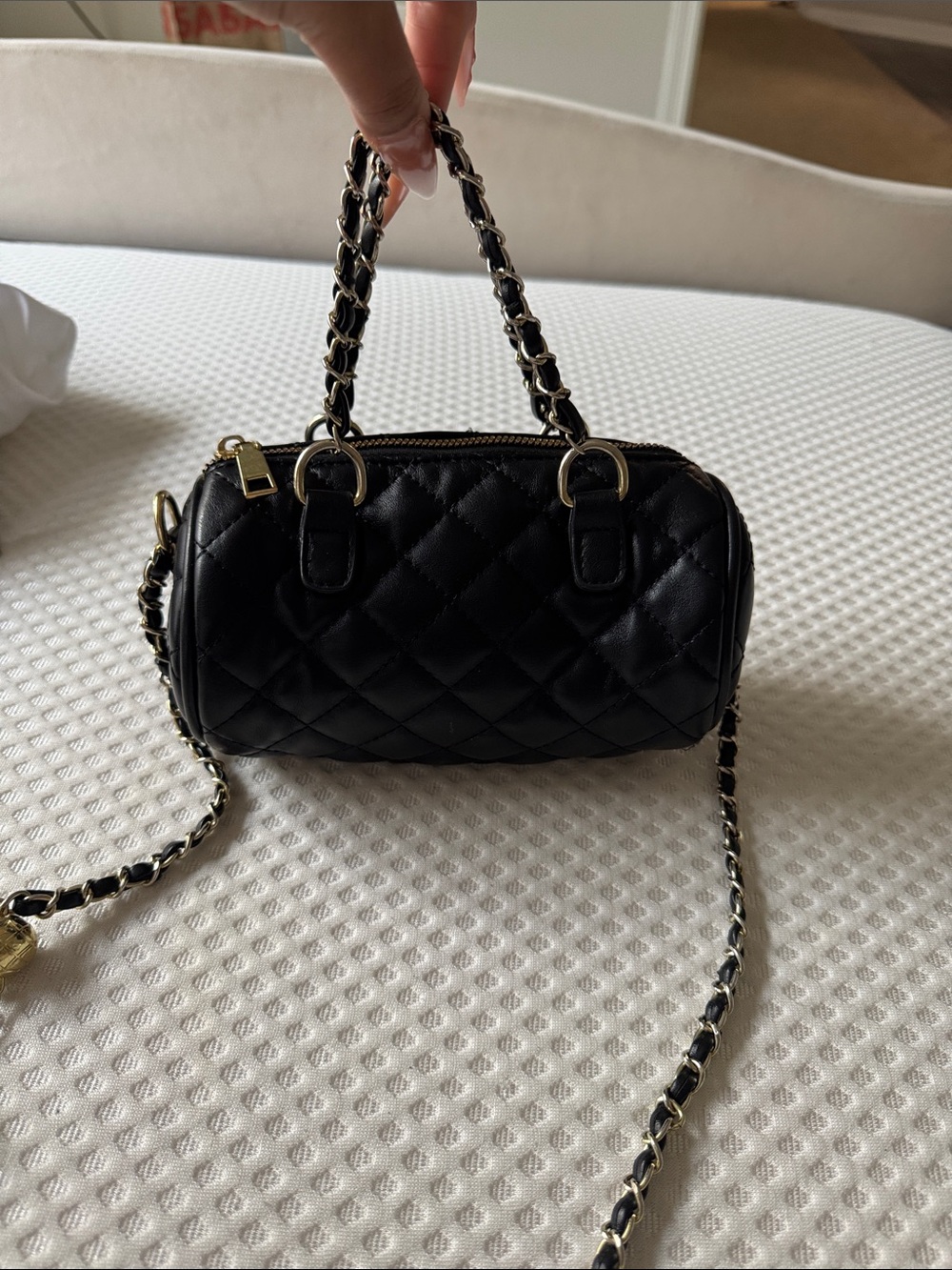 AKIRA Black Quilted Barrel Mini Bag with Gold Chain